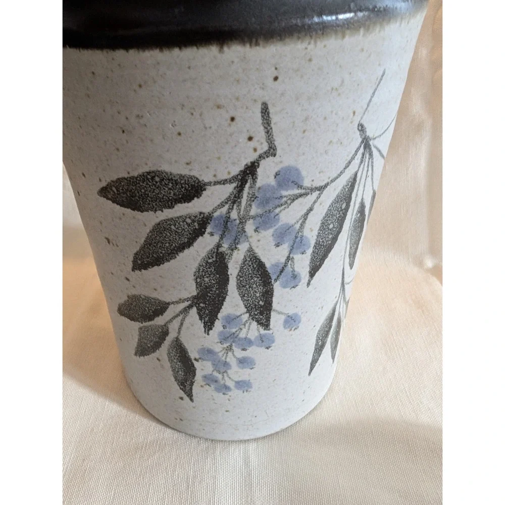 Pottery Wine Bottle‎ Cooler Vase Stoneware Basket w/ Rattan Handle Stamped